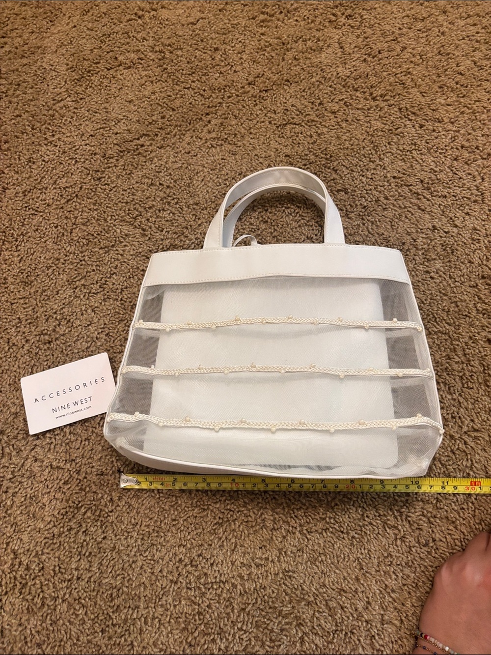 Nine West White Mesh Tote with Beaded Stripe Accents